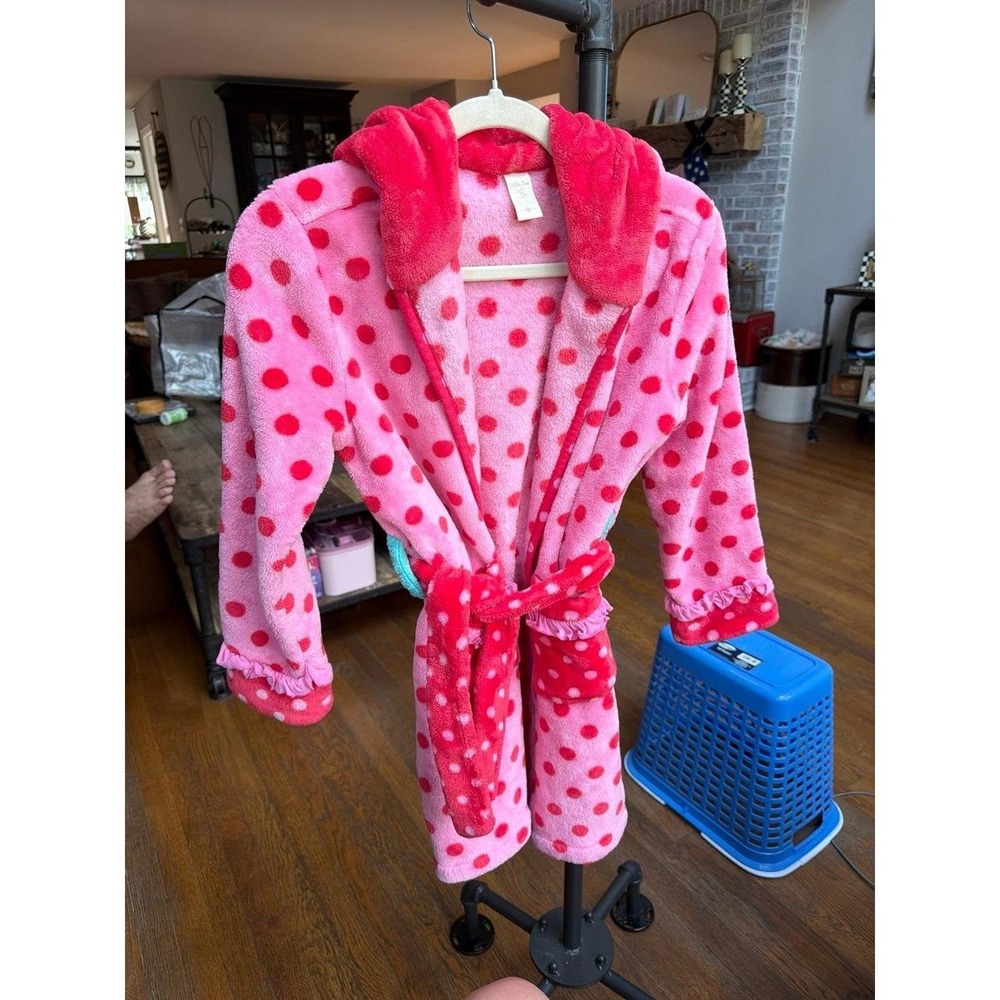 Matilda Jane girls bathrobe fluffy pink fabric with red polka dots girls medium